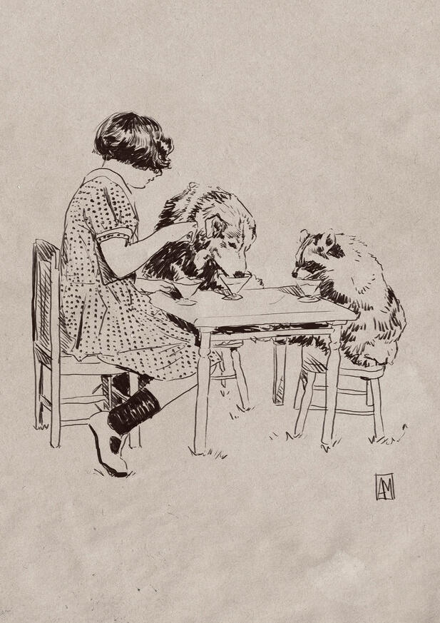 "Hora do chá". Ilustração digital, onde uma jovem, um cão e guaxinim tomam chá da tarde, 2021.