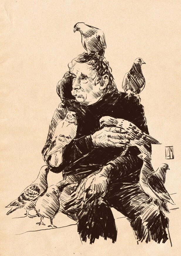 "Pão dos Pobres". Ilustração digital, onde um senhor faz amizade com pombos em uma praça, 2020.